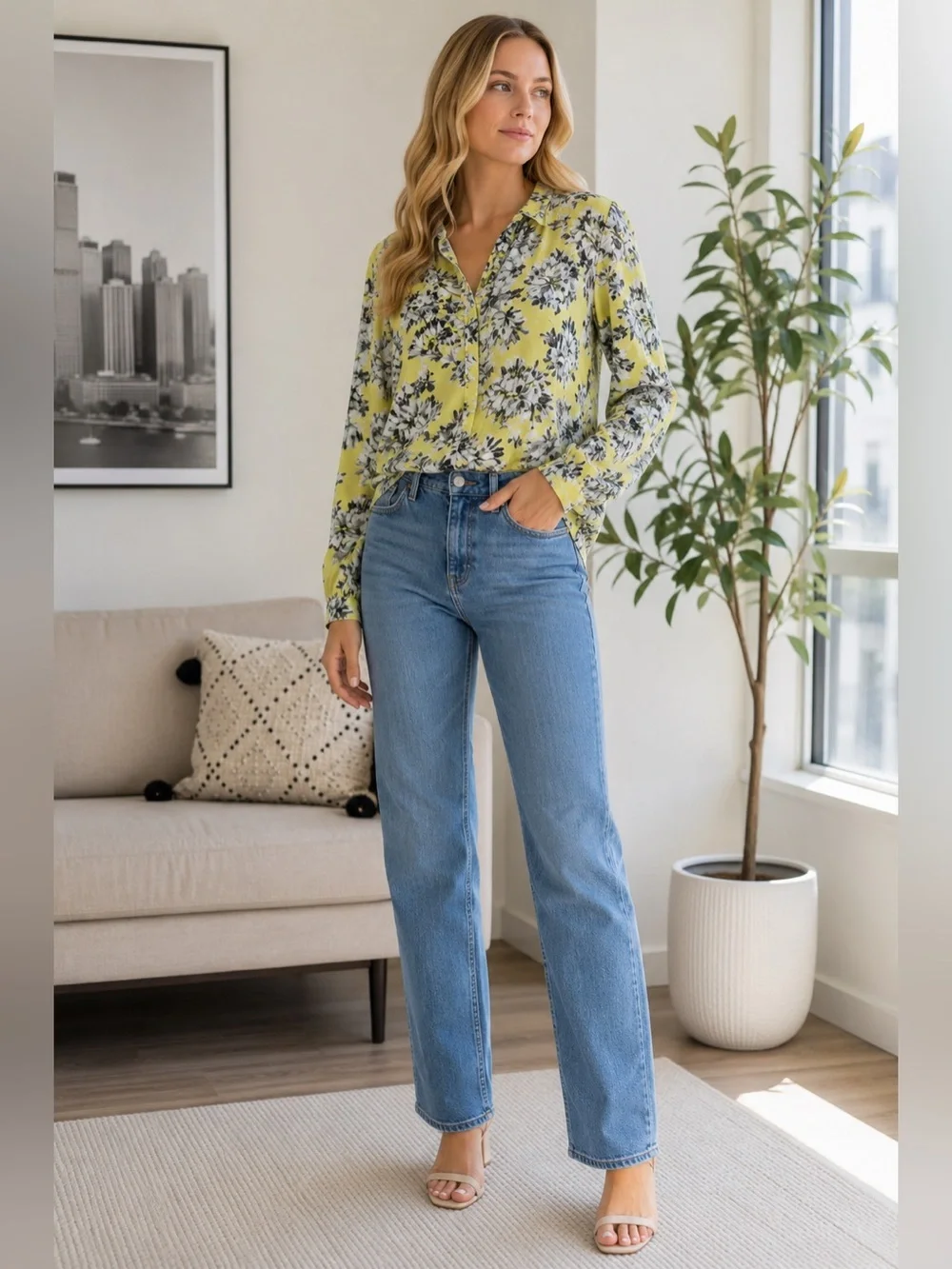 J. Crew Silk Cotton Blend Button Down Floral Shirt long sleeve yellow grey SZ 0
